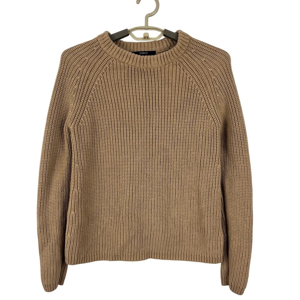 Quince Organic Cotton Ribbed Knit Fisherman Sweater XS Brown Tan Boxy Raglan